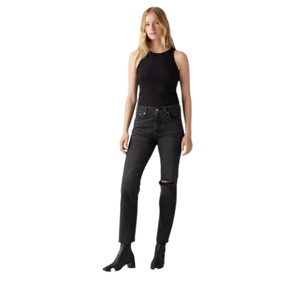 Levi's - NWT Wedgie Straight Fit Black Distressed Jeans Sz 24 - Picture 1 of 9